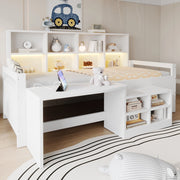 Letto a soppalco 90x200 cm con scrivania; vani portaoggetti e LED in legno bianco
