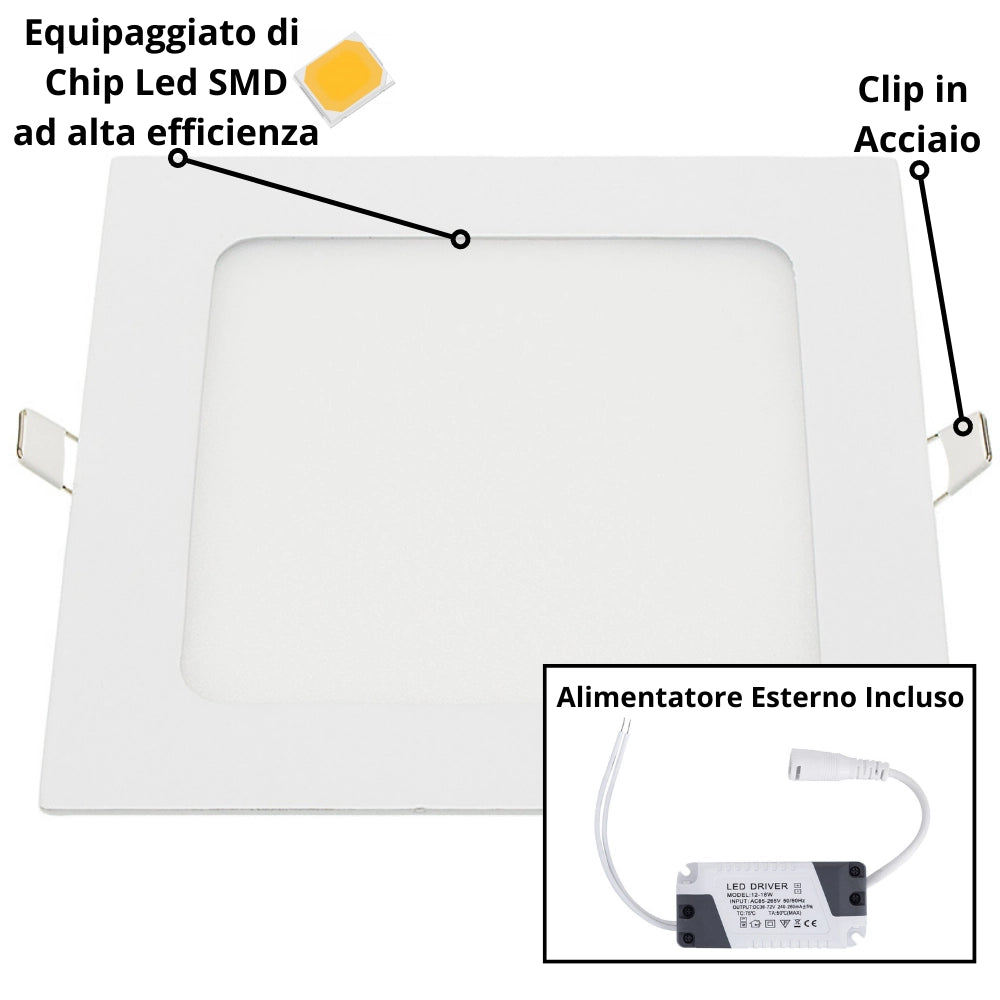 Pannello led incasso 20.5cm 18watt slim quadro soffitto alimentatore incluso *** temperatura colore lampada 6000k bia...