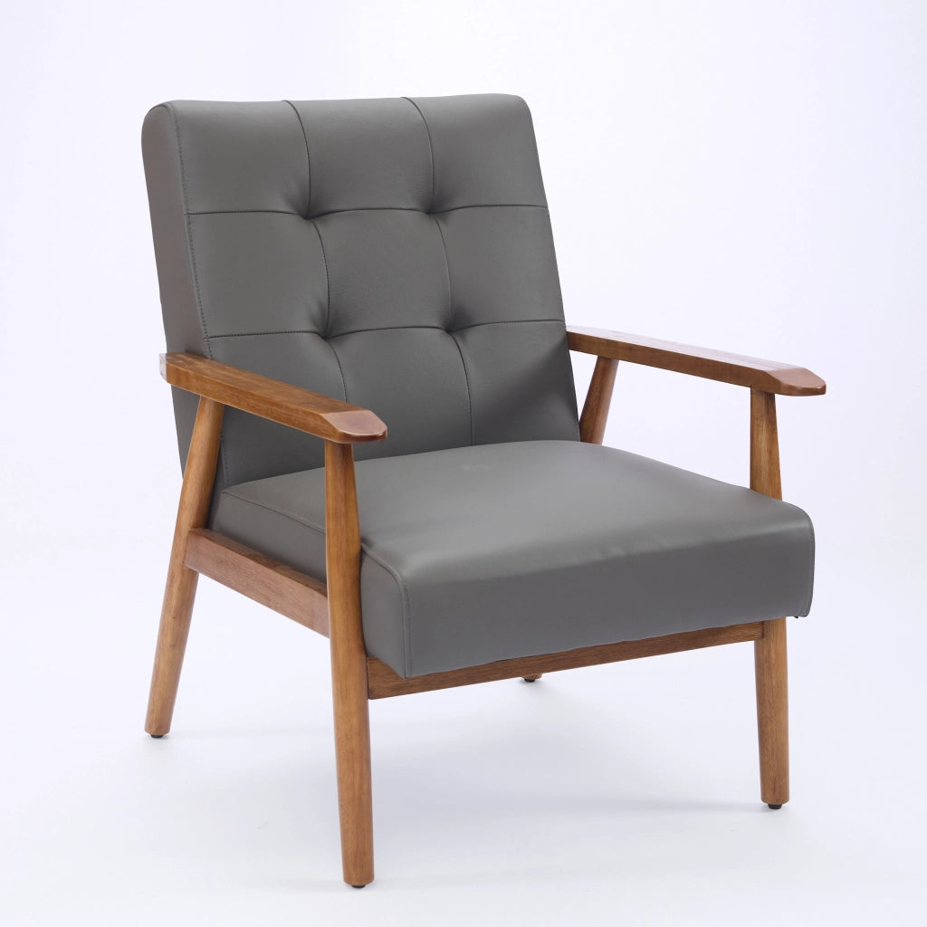 Poltrona Lounge con Schienale con Cuciture Capitonné e Struttura Robusta, in Pelle, Legno e PVC, Grigio