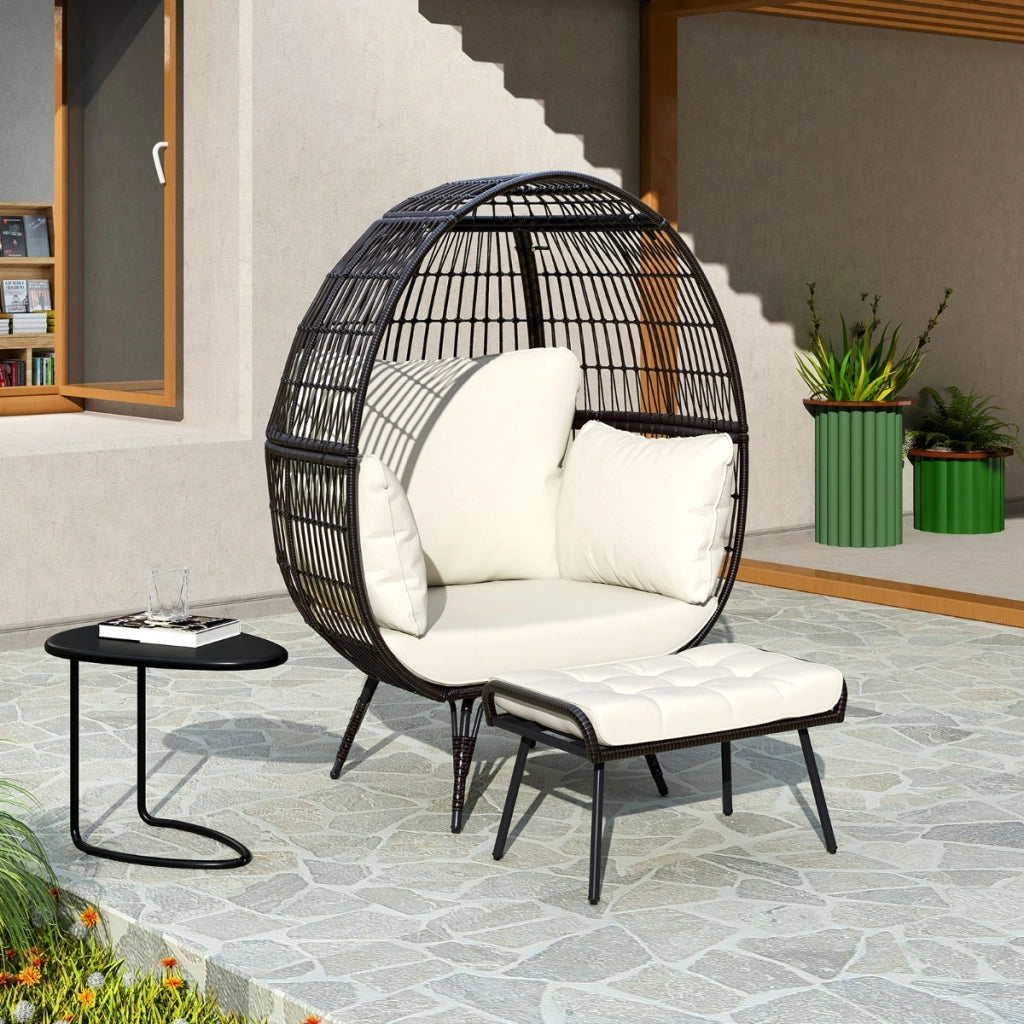 Poltrona uovo in rattan set da 2 pezzi di a cestino in rattan patio con cuscini morbidi, Poltrona a uovo con poggiapiedi  scuro-Poltrone e sdraio