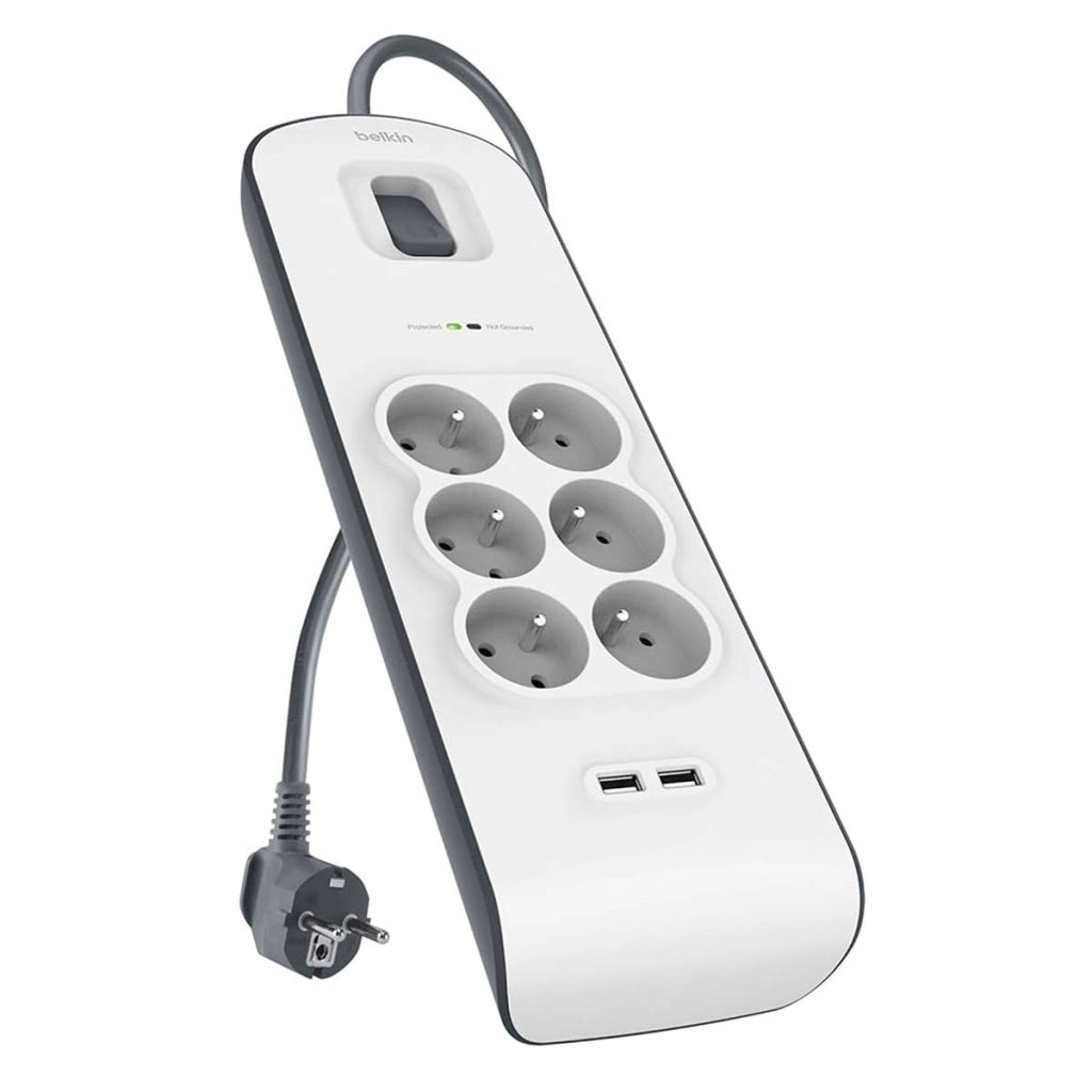 Multipresa Sovratensione 6 Prese / 2 Porte USB-A con Cavo 2m Bianco / Grigio Belkin
