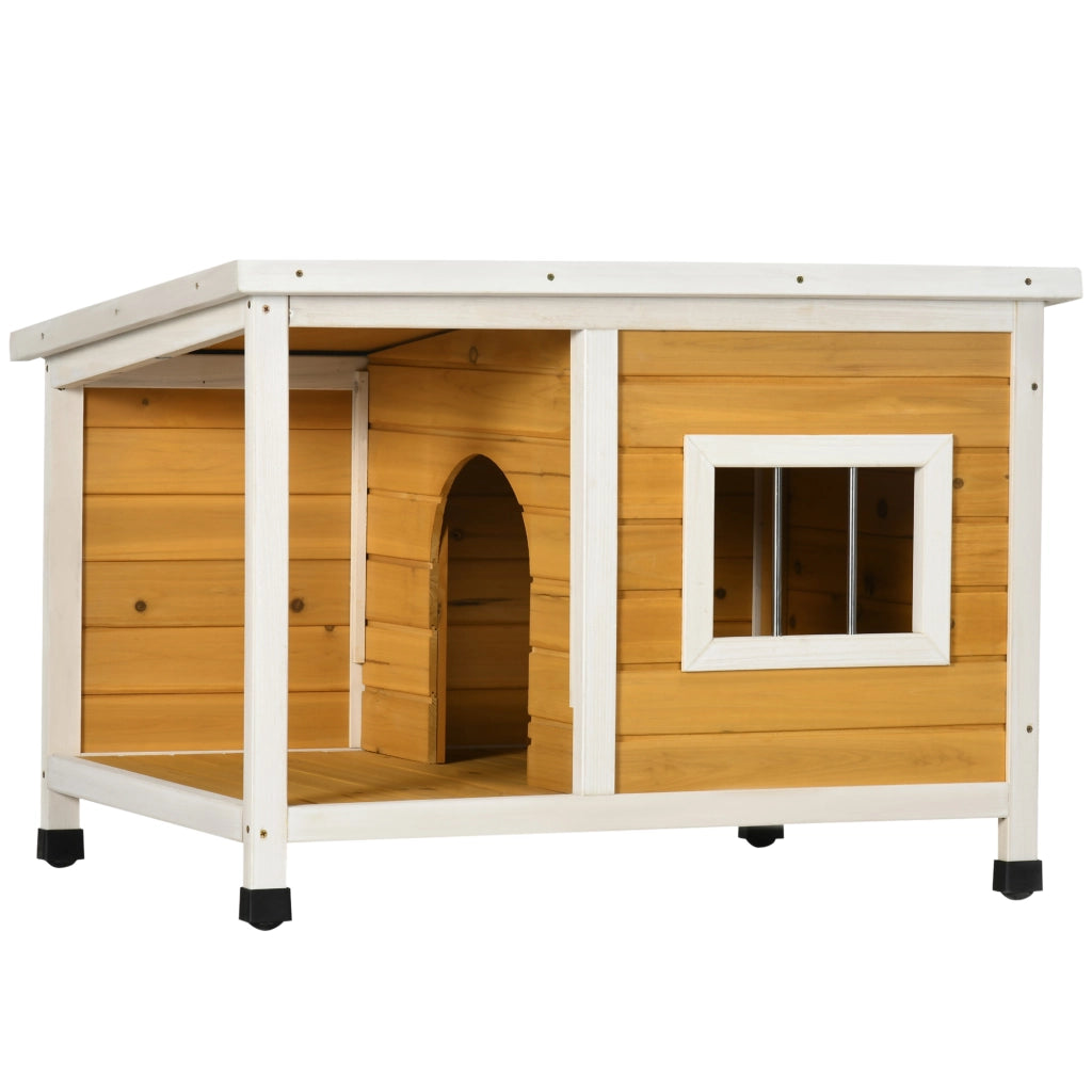 Casetta da giardino con veranda coperta tetto apribile finestra e piedi regolabili in legno arancione 85,5 × 62 × 60 cm
