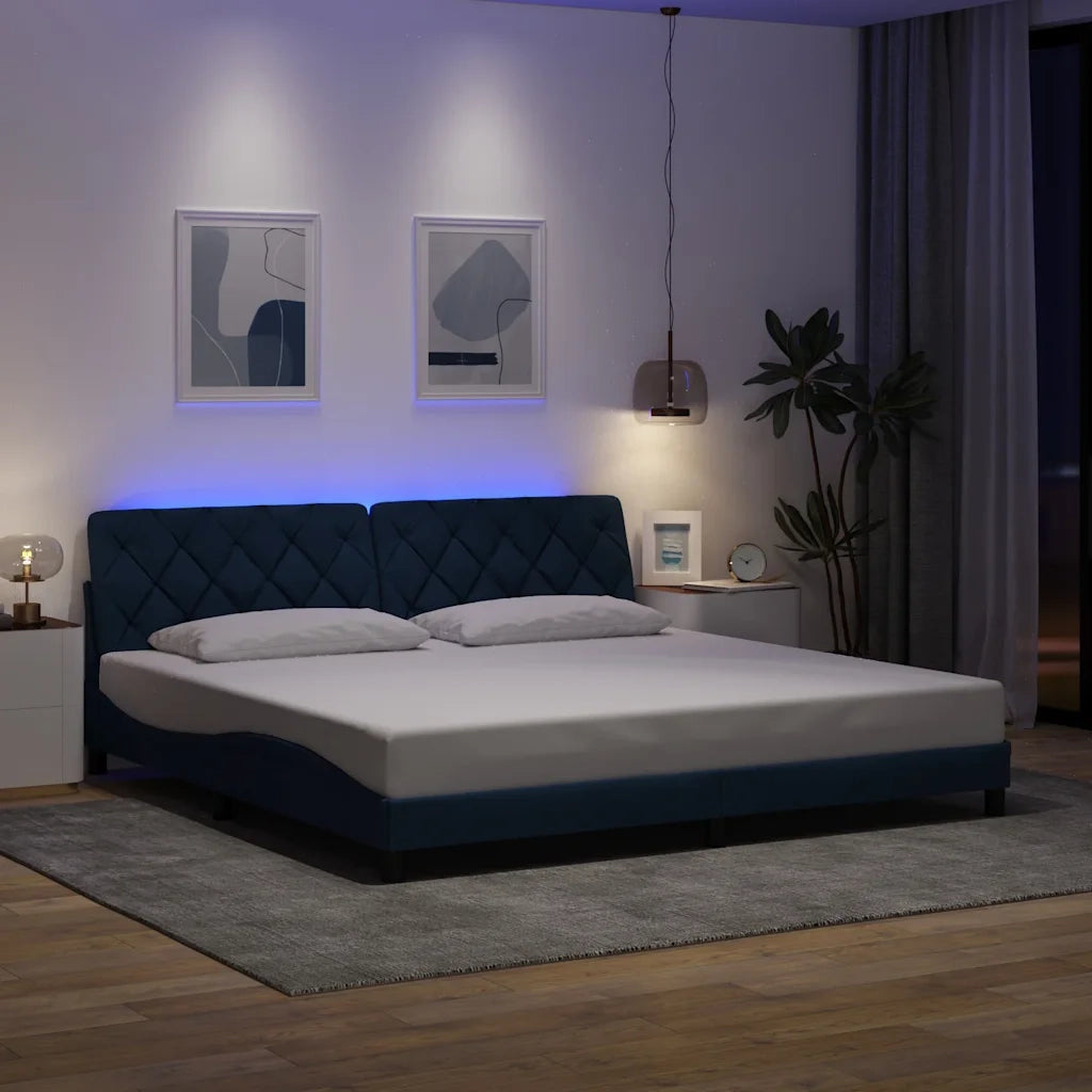 Giroletto con LED senza Materasso-Struttura Letto con LED Blu 200x200 cm in Tessuto
