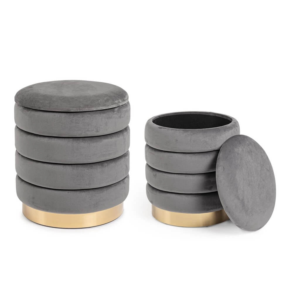 Set di 2 Pouf Contenitore Rotondi in Velluto con Base Dorata - TINI