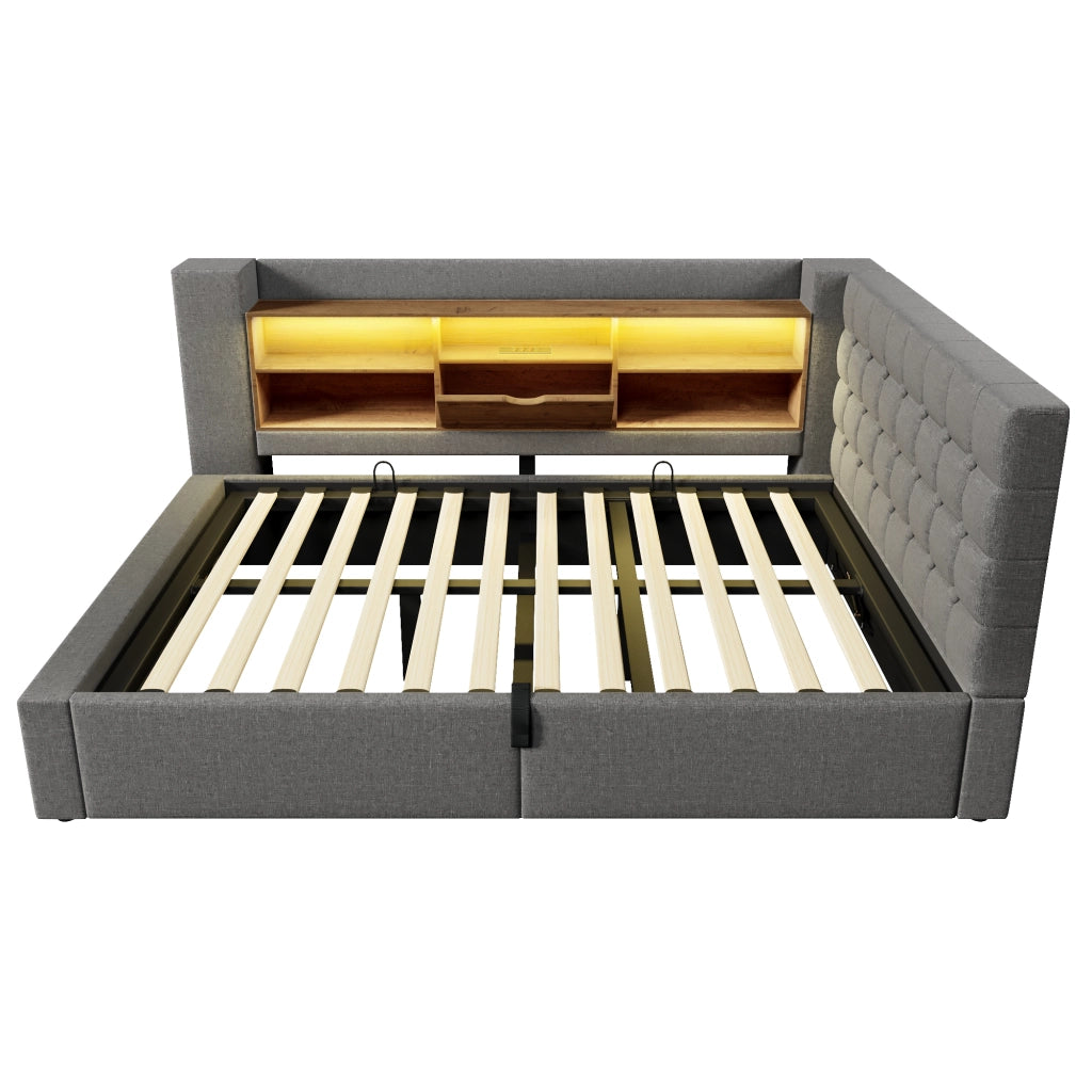 Letto contenitore 140x190 cm con LED e Prese USB; Letto imbottito grigio in Lino con Testiera a L