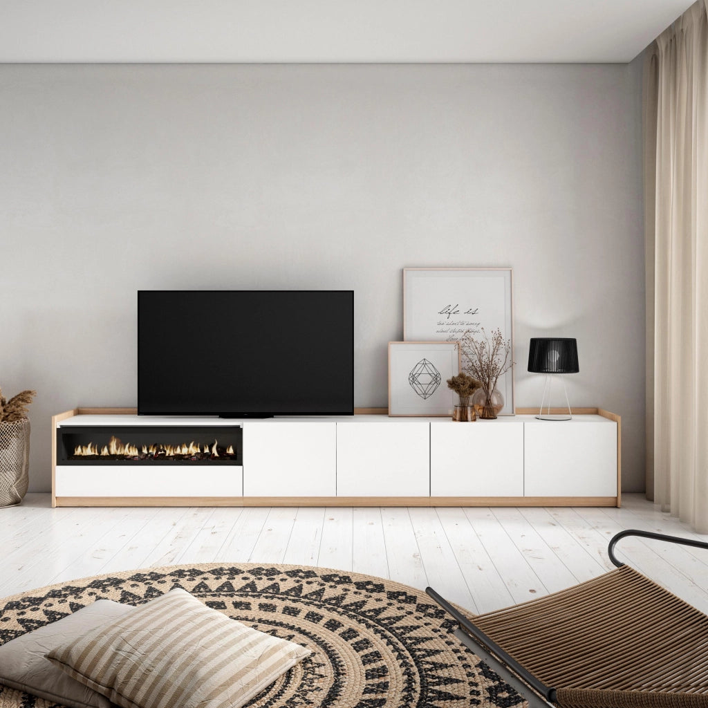 Mobile TV Soggiorno, 310x50x37 cm, Per TV fino a 80", Camino elettrico, Bianco e Rovere soft