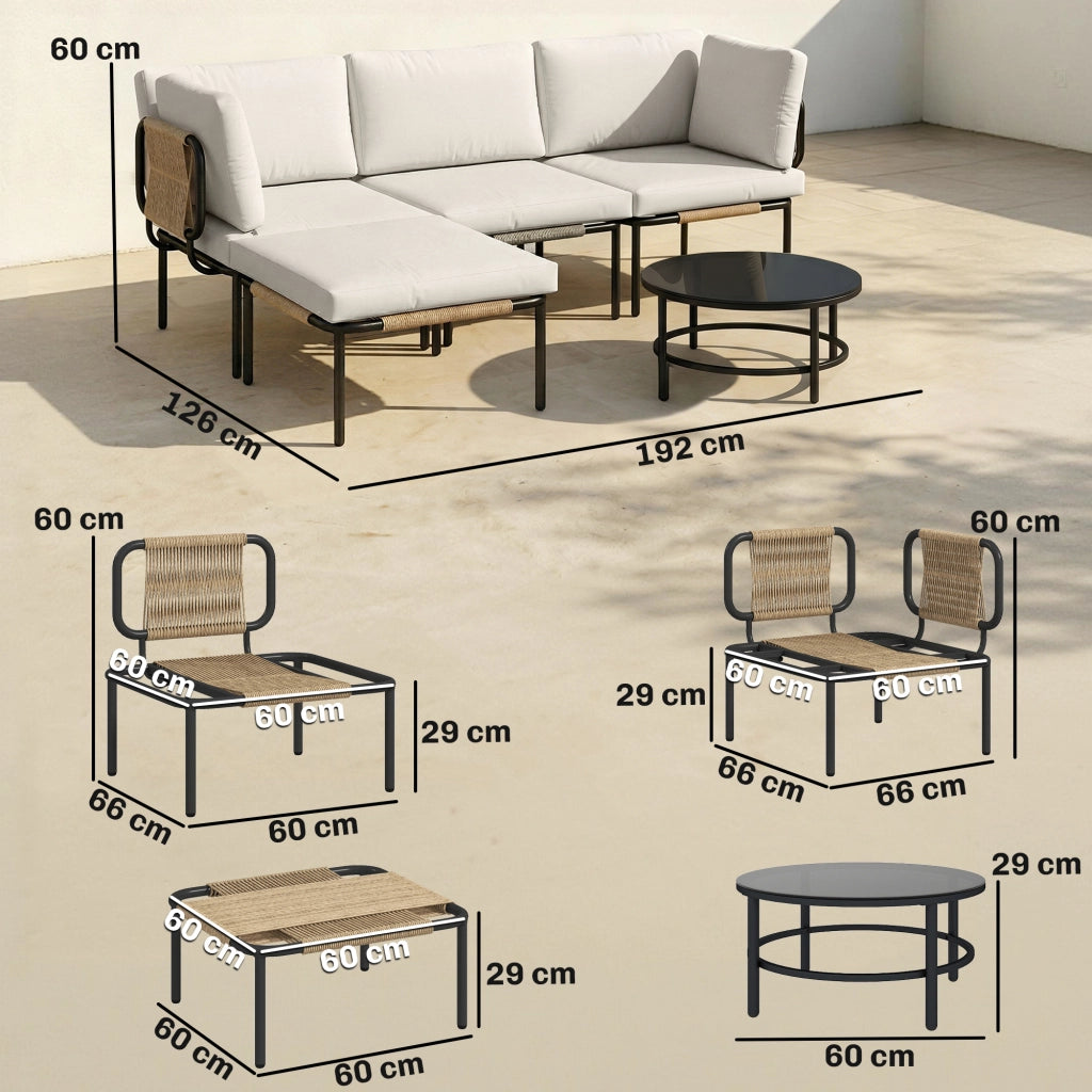 Set Giardino 5 Pezzi. Rattan Componibile L con Cuscini. Colore Cachi