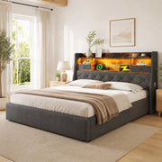 Letto matrimoniale 180x200 cm con contenitore idraulico, LED e prese USB, grigio
