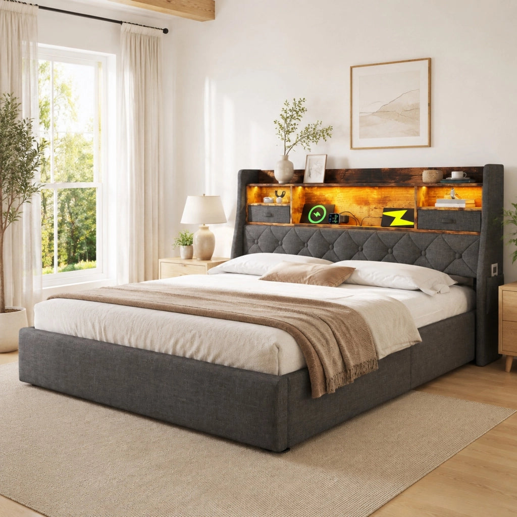 Letto matrimoniale 180x200 cm con contenitore idraulico, LED e prese USB, grigio