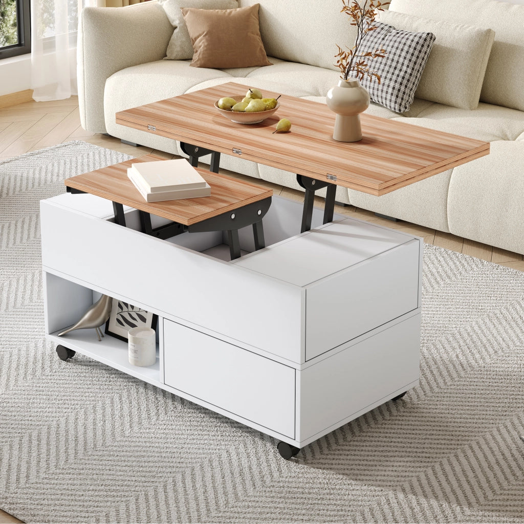 Tavolino da Salotto Sollevabile 100x50 cm con 4 Ruote e 4 Cassetti Bianco e Legno