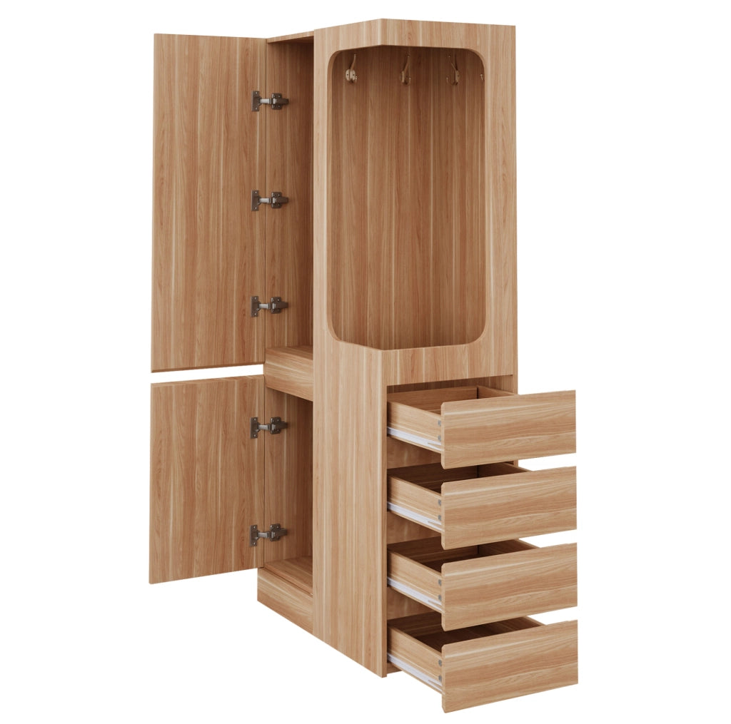 Armadio a 1 anta 70 x 40 x 170 cm con 4 cassetti e vano appendiabiti; colore legno naturale