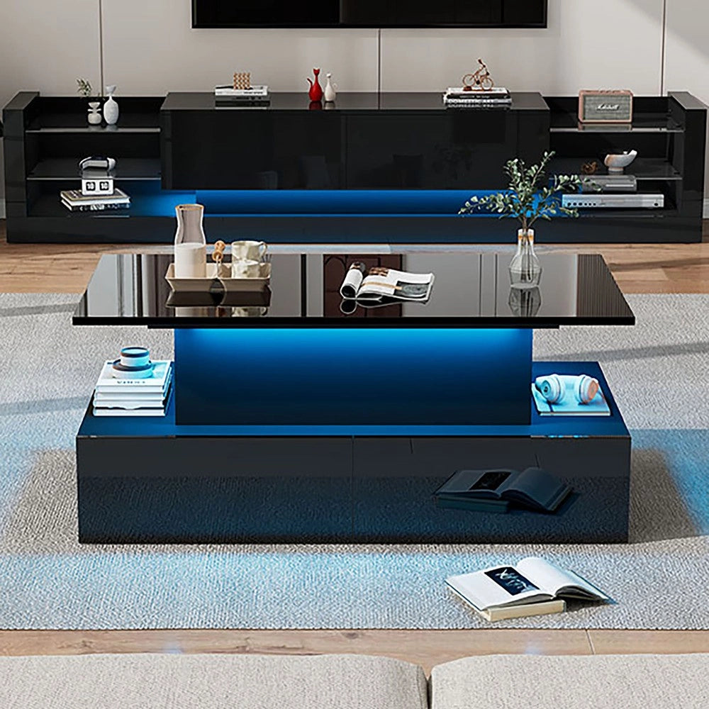 Tavolino da salotto e caff¨¨ moderno con LED e 4 cassetti ¨C MINIMAL ¨C nero lucido, 90x55x41 cm