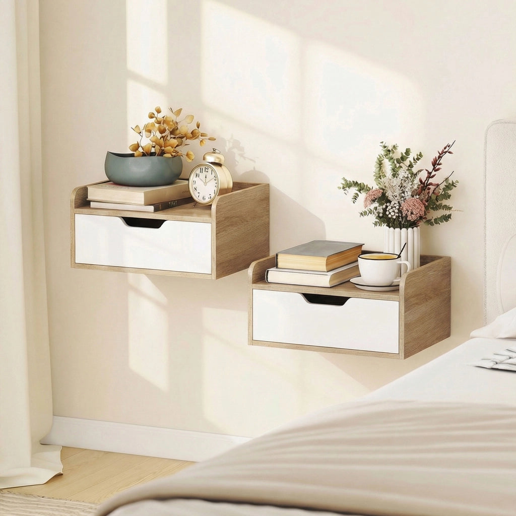 Comodino a muro con cassetto e piano rialzato ¨C zephmum ¨C 40x30x19,5 cm
