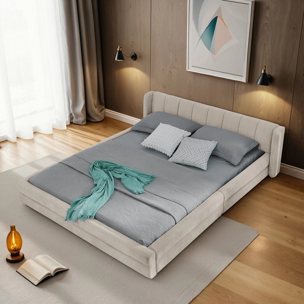 Letto Matrimoniale 140 x 200 cm; in Ciniglia; Schienale Ergonomico; Beige