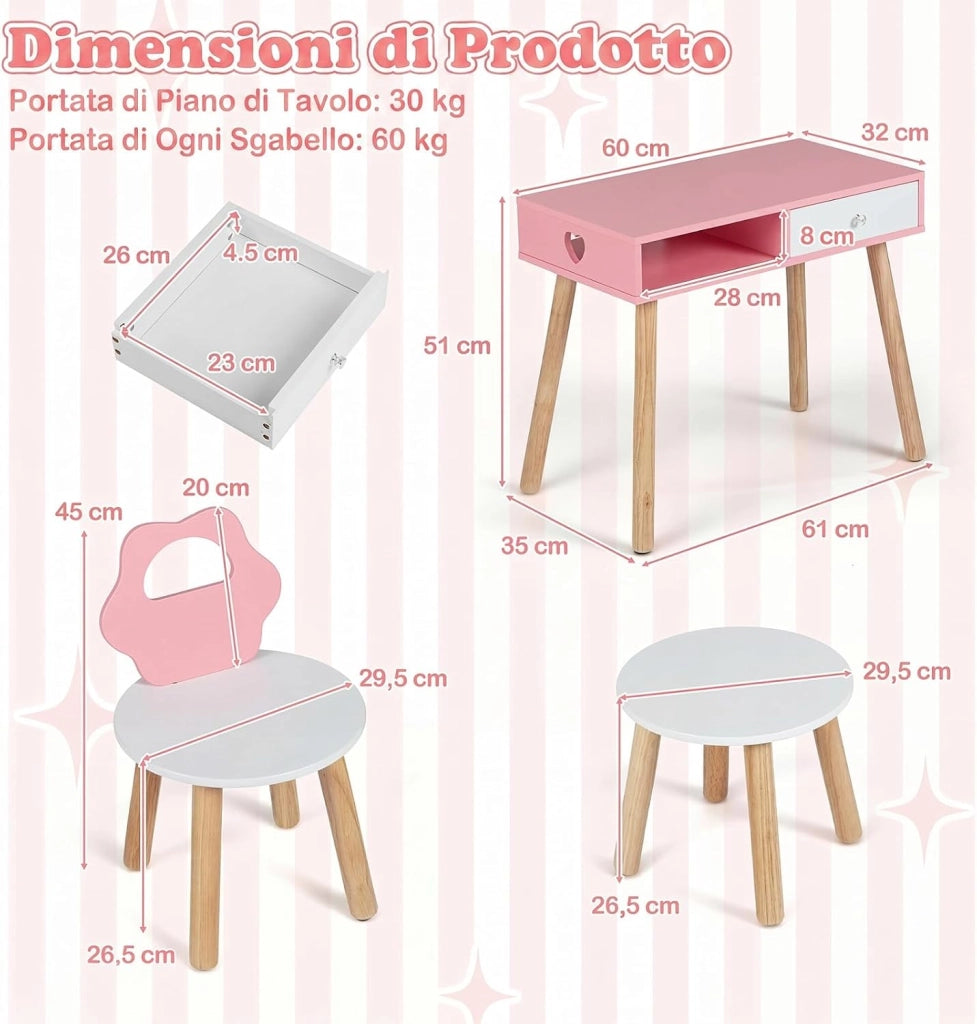 2 in 1 Set Tavolo Manicure per Bambini per Cameretta | Set Toeletta per Bambini con 2 Sedie in Legno con Cassetto e Scomparto, Postazione Trucco per Gioco e Studio, 61 x 35 x 51 cm