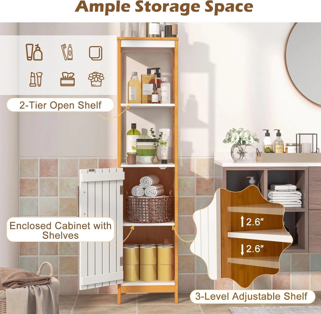 Armadio da bagno in bambù, mobile indipendente con porta, scaffale regolabile e ripiani aperti, torre della biancheria sottile e stretta, per bagno, ripostiglio, cucina