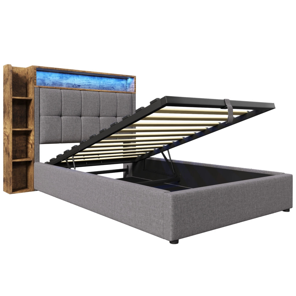 Letto imbottito singolo 90×200 cm con contenitore; USB Type-C; LED; senza materasso; lino; grigio