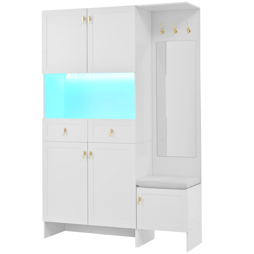 Mobile ingresso con 5 ante; 2 cassetti; 3 ganci; specchio e LED - in truciolato - 120×33.5×180 cm - bianco