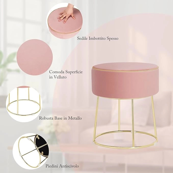 Pouf Rotondo Poggiapiedi 41cm, Sgabello Moderno da Trucco con Base in Metallo, Sedile Imbottito Spesso e Piedini Antiscivolo per Toeletta, Comodino e Divano (Rosa)