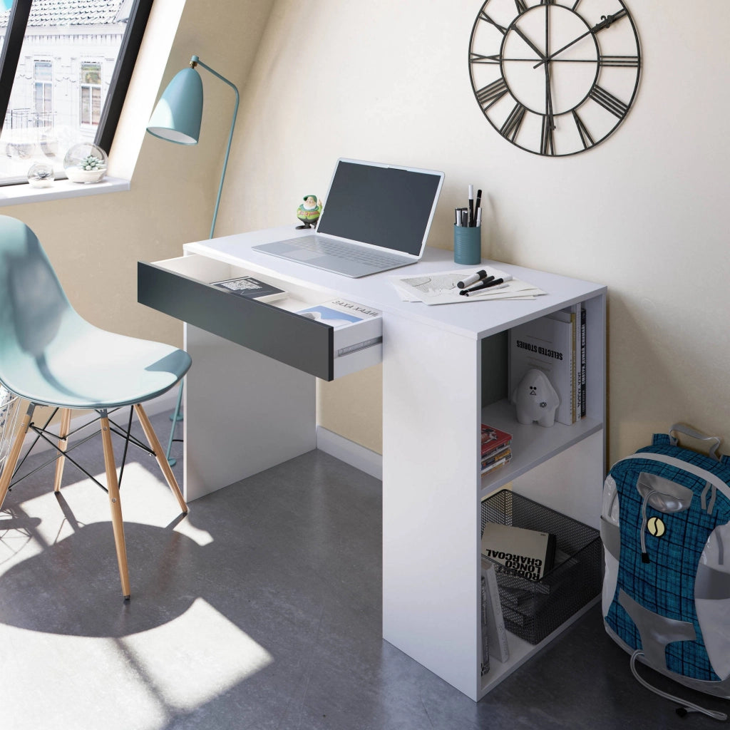 Scrivania Attila, Scrittoio reversibile con cassetto, Tavolo da studio o ufficio porta PC, cm 101x50h73, Bianco e Antracite