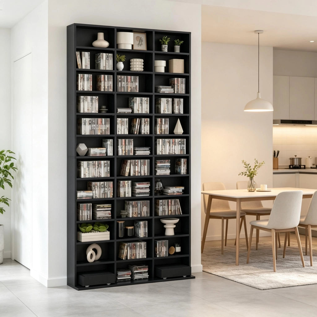 Mobile porta CD 102x23.5x195 cm con ripiani regolabili in MDF nero