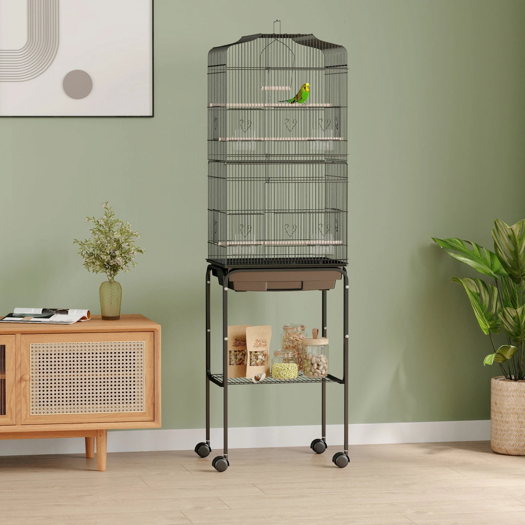 Voliera per Uccelli con Ruote ¨C Xylo ¨C Tetto Apribile 3 Posatoi 46,5x36x157cm Nero