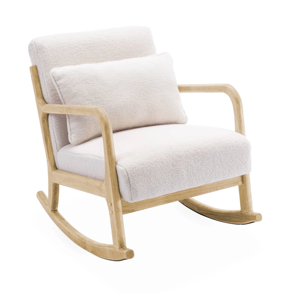 Poltrona scandinava a dondolo in legno e tessuto bouclé, crema