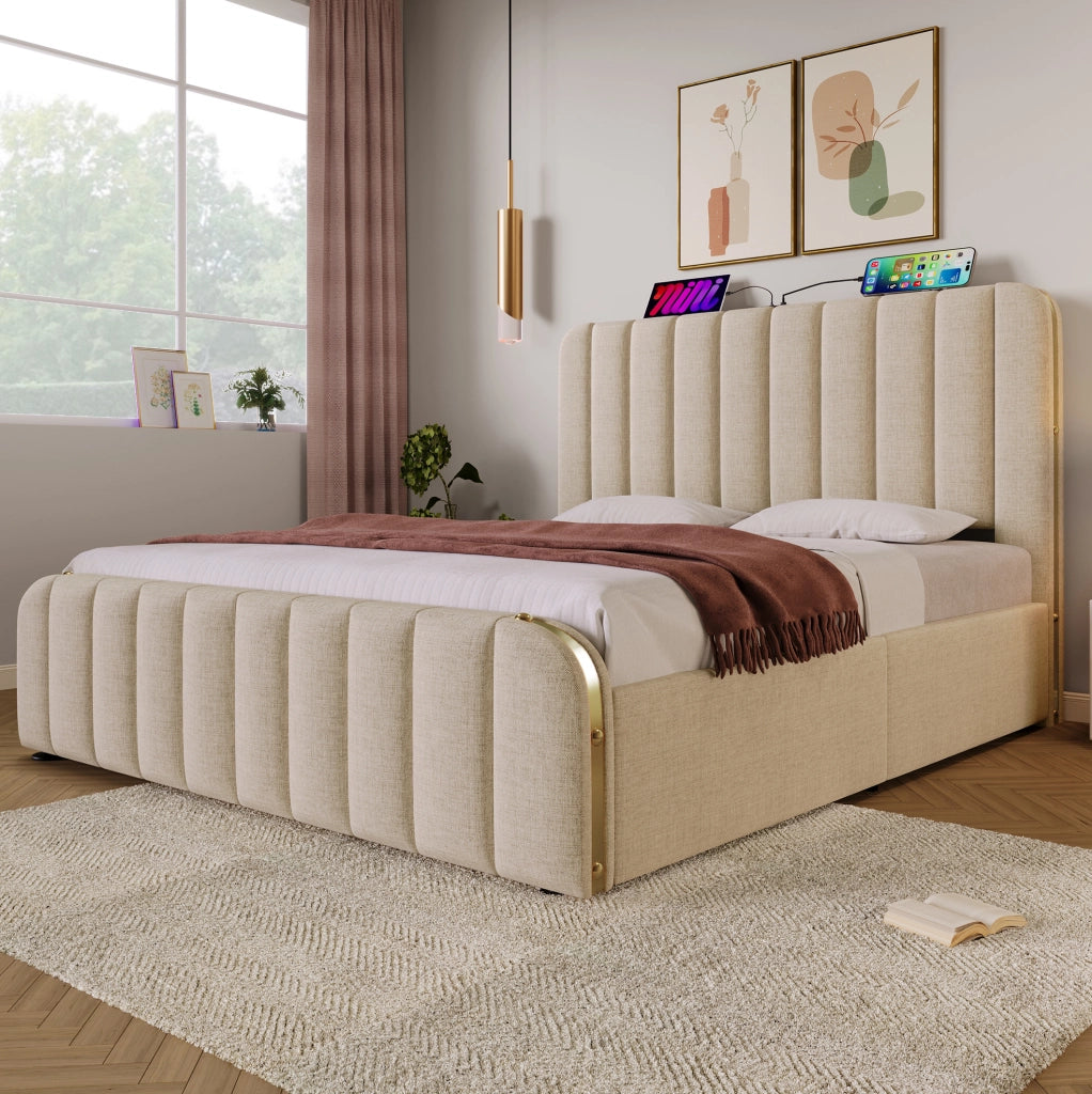 Letto matrimoniale 160x200 cm con 4 cassetti e USB C; lino beige