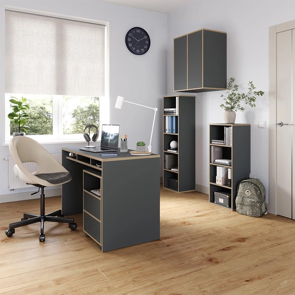 Scrivania con ripiani Tetrix, Antracite, 112 x 55 cm con 3 scomparti, adatto come postazione di lavoro per smart working e studio