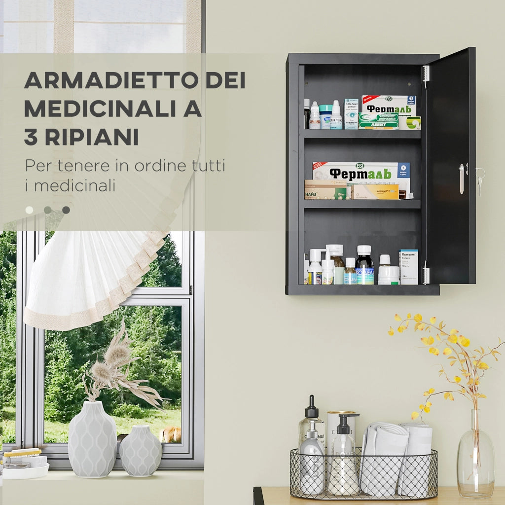 Armadietto Medicinali con 3 Ripiani e Chiave ¨C Zephmum ¨C 30x14x46cm, Nero