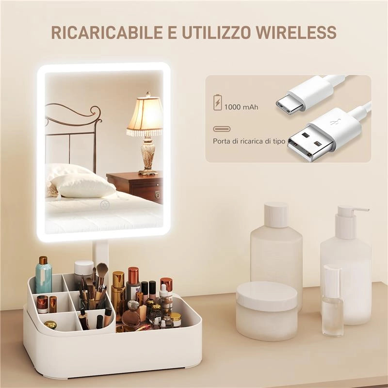 SPECCHIO DA TRUCCO CON LUCE REGOLABILE SU 2 LIVELLI, ROTAZIONE 180 GRADI E ORGANIZER PER TRUCCHI, BIANCO