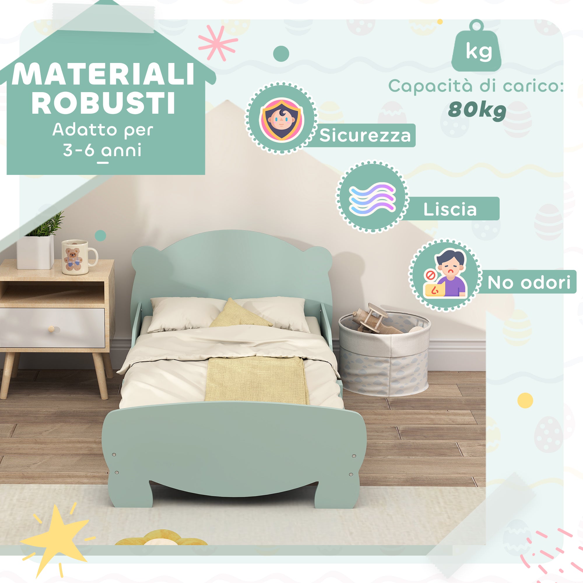 Struttura Letto Singolo per Bambini Orso 143,5x80x55 cm con Sponde Laterali in Legno Verde