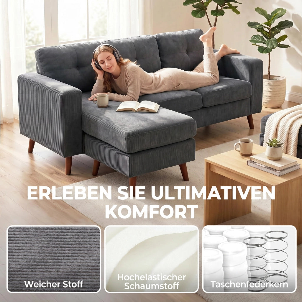 Divano angolare 3 posti con chaise longue reversibile ¨C Xylo ¨C tessuto effetto velluto grigio scuro 192 cm