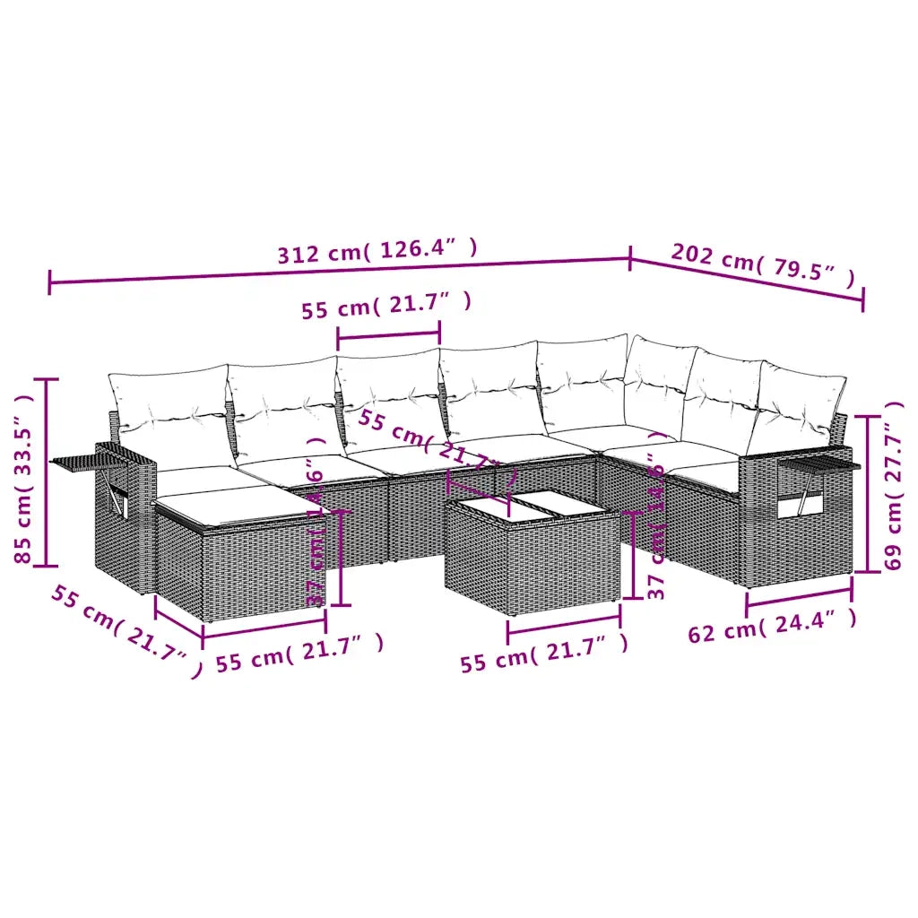 Set Divani da Giardino 9 pz con Cuscini Nero in Polyrattan 3220566