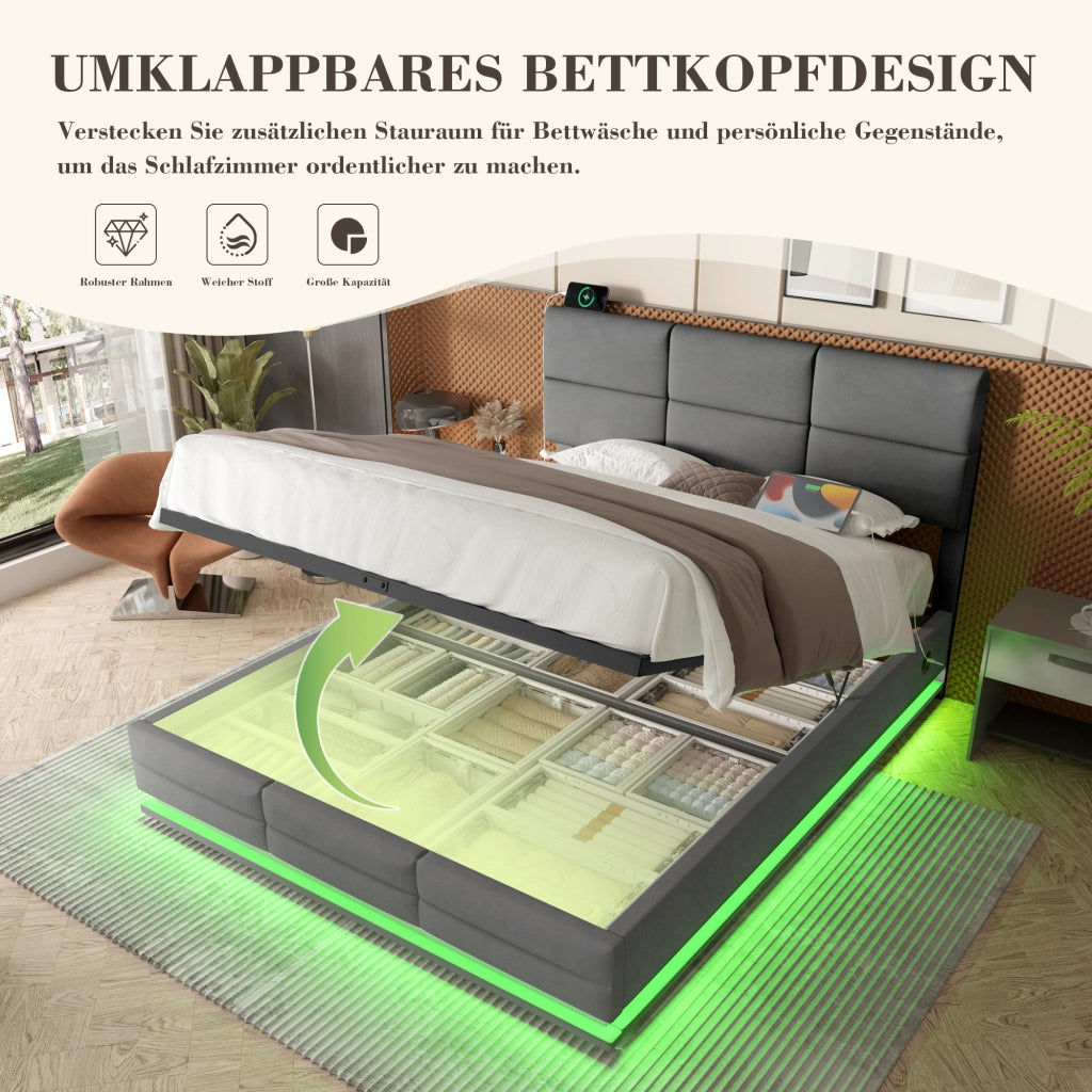 OKWISH Letto Contenitore 160×200 cm, Letto Matrimoniale con USB, Tipo C, LED Regolabile e Testiera Regolabile, senza Materasso, in Velluto, Grigio Scuro