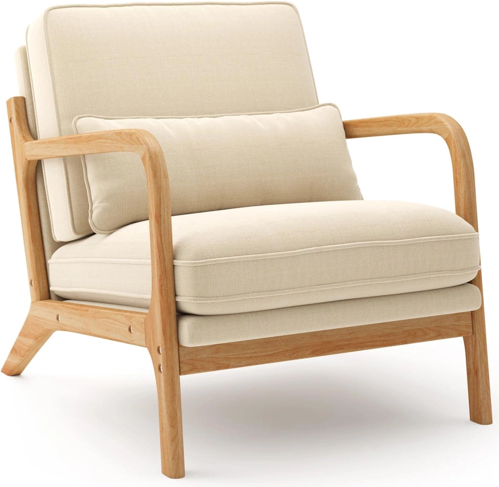 Poltrona da Salotto in Legno di Caucciù,Poltroncina Camera da Letto,con Cuscino Sfoderabile e Schienale con Braccioli con cuscino lombare,82 x 65 x 75CM, Beige