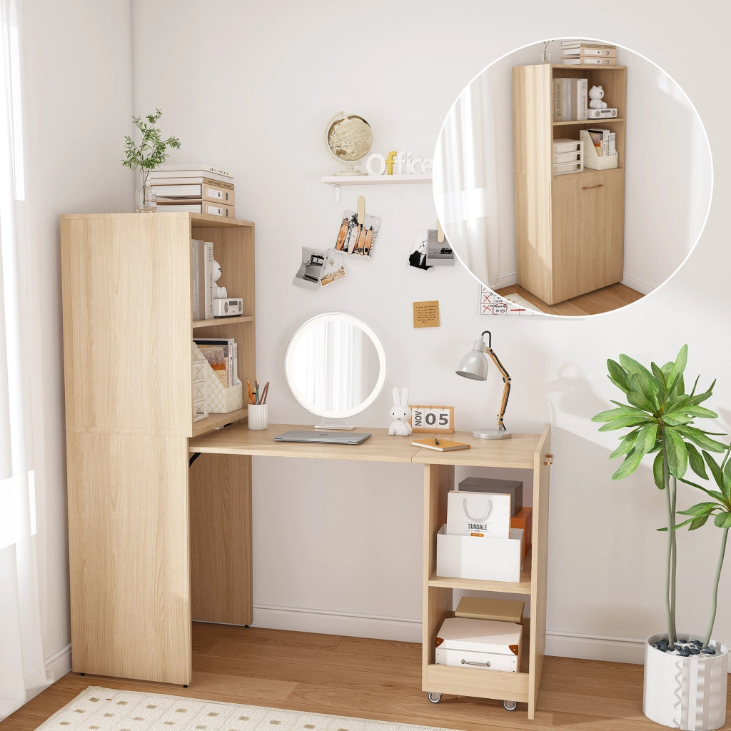 Scrivania Allungabile con Mobiletto in Legno Chiaro; Scrivania Pieghevole Salvaspazio per Camera e Studio