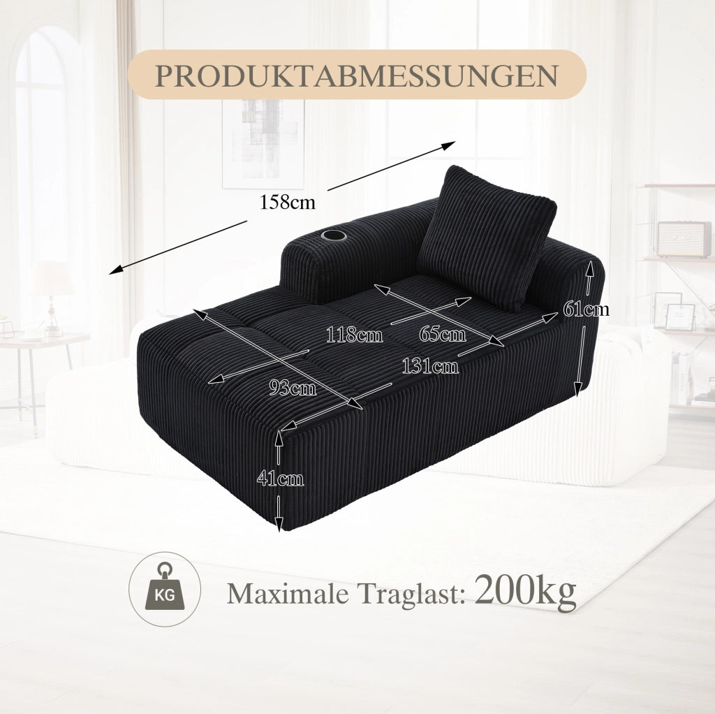 Divano compatto in velluto a coste nero con tasche laterali e portabicchieri; 158x93x61 cm