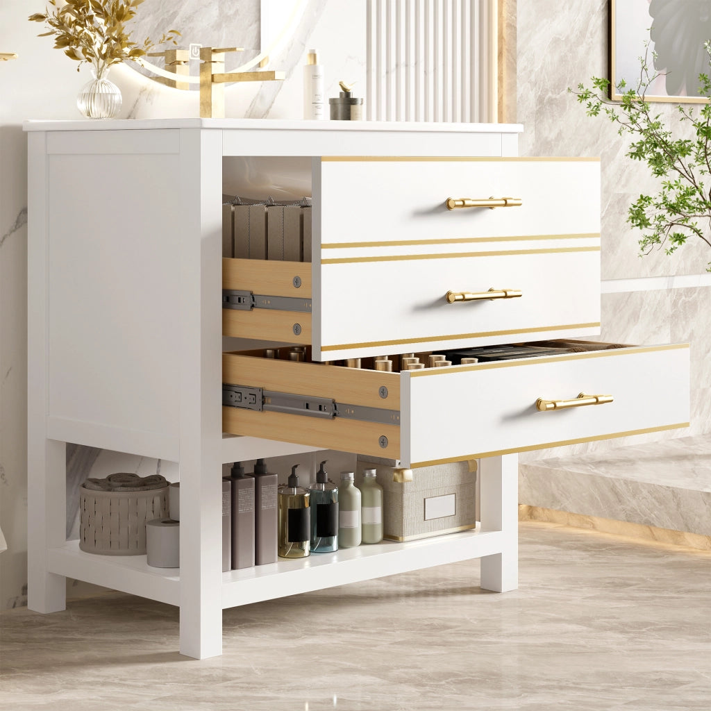 Mobile sottolavabo con lavabo in ceramica, 2 cassetti e vano aperto, finitura lucida, per bagno, bianco oro, 76 cm