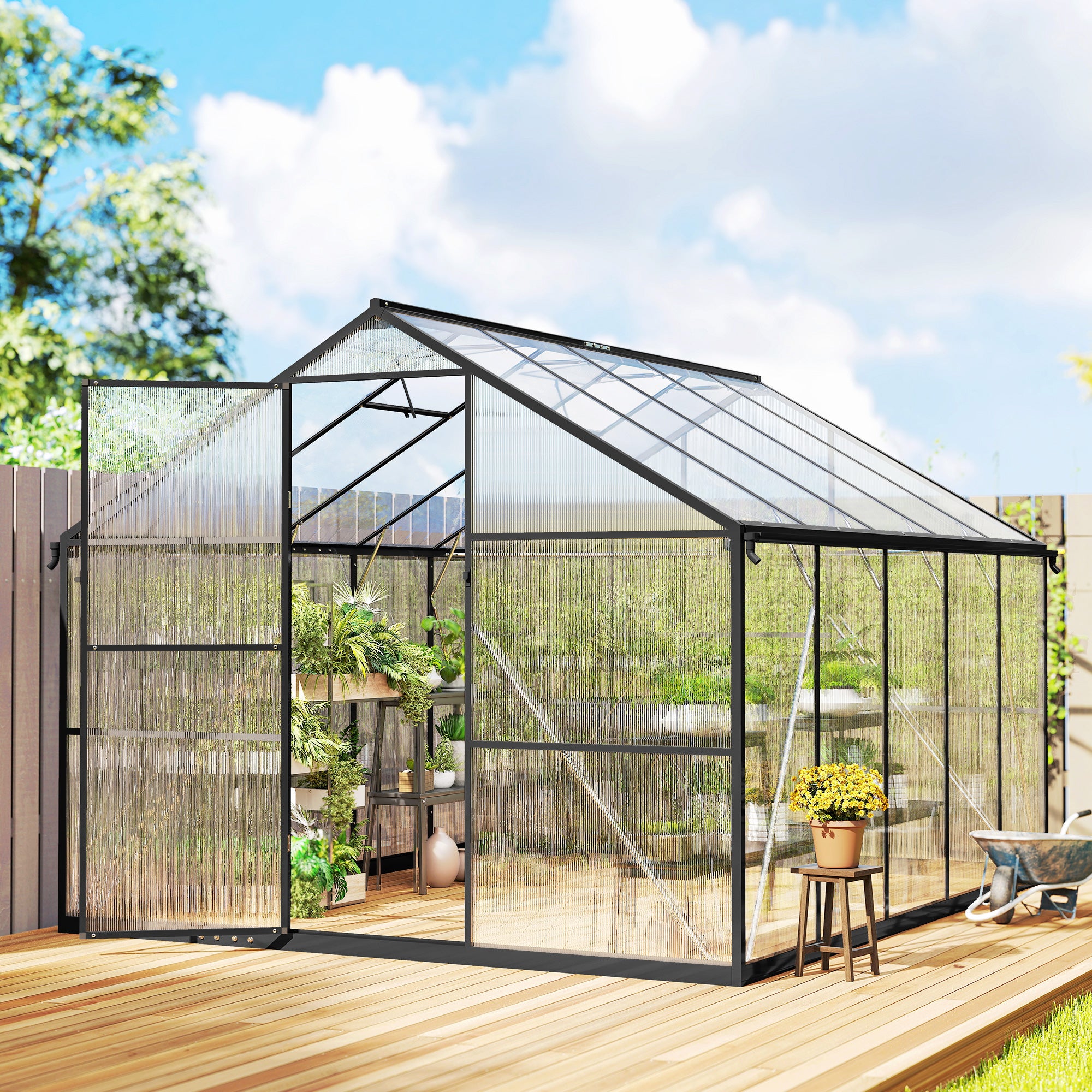 Serra per Orto 304x247x205 cm con Porta a Battente e 2 Finestre Regolabili in PC e Alluminio Nero