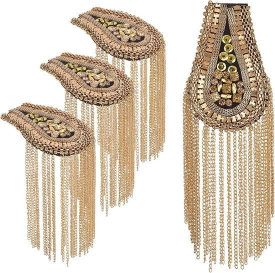 Epauliere con metallico pennello e perle dorate in quattro pezzi - Epauliere con catenina a ghiera e penna - Ideale per uomini in uniforme o come accessorio con badge e spilla