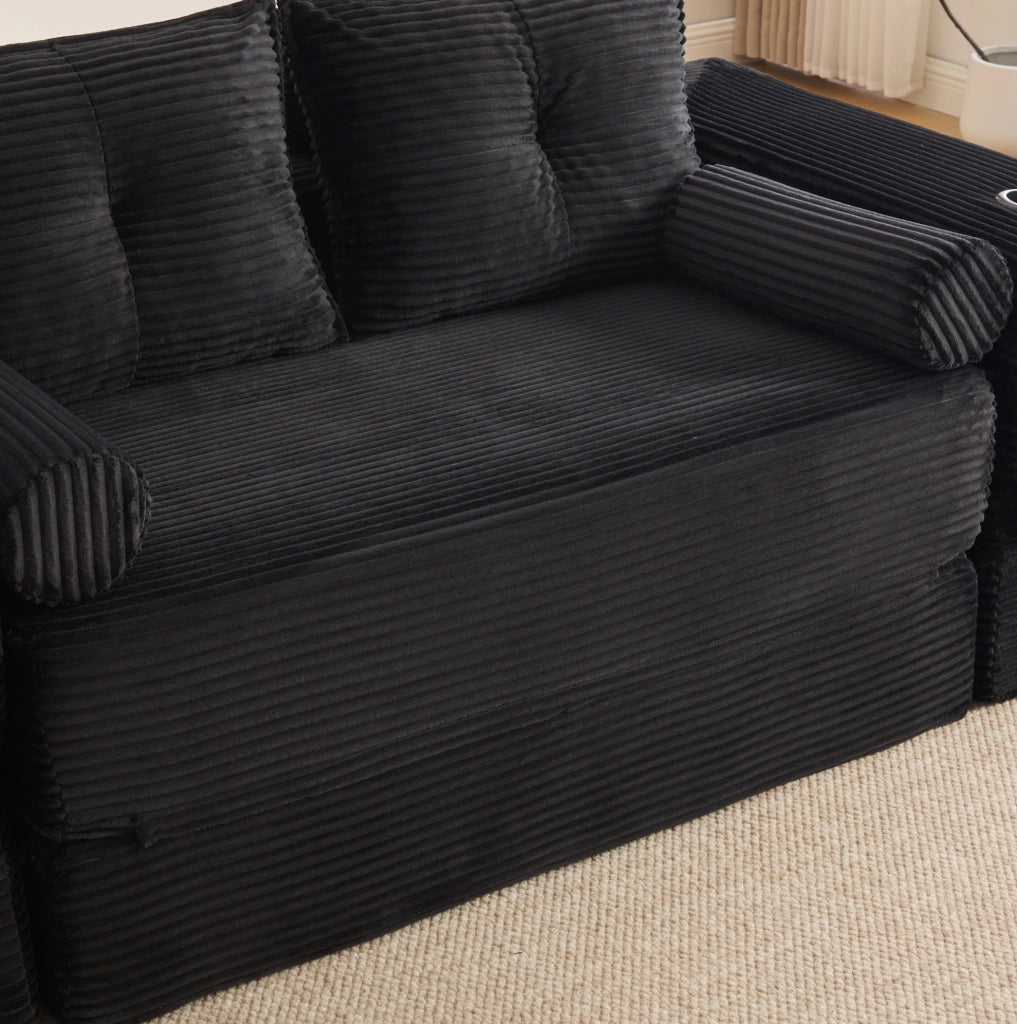 Divano letto modulare in velluto a coste nero 180x98 cm
