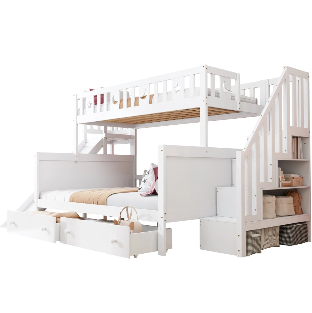 Letto a castello per bambini con scivolo e cassetti, bianco