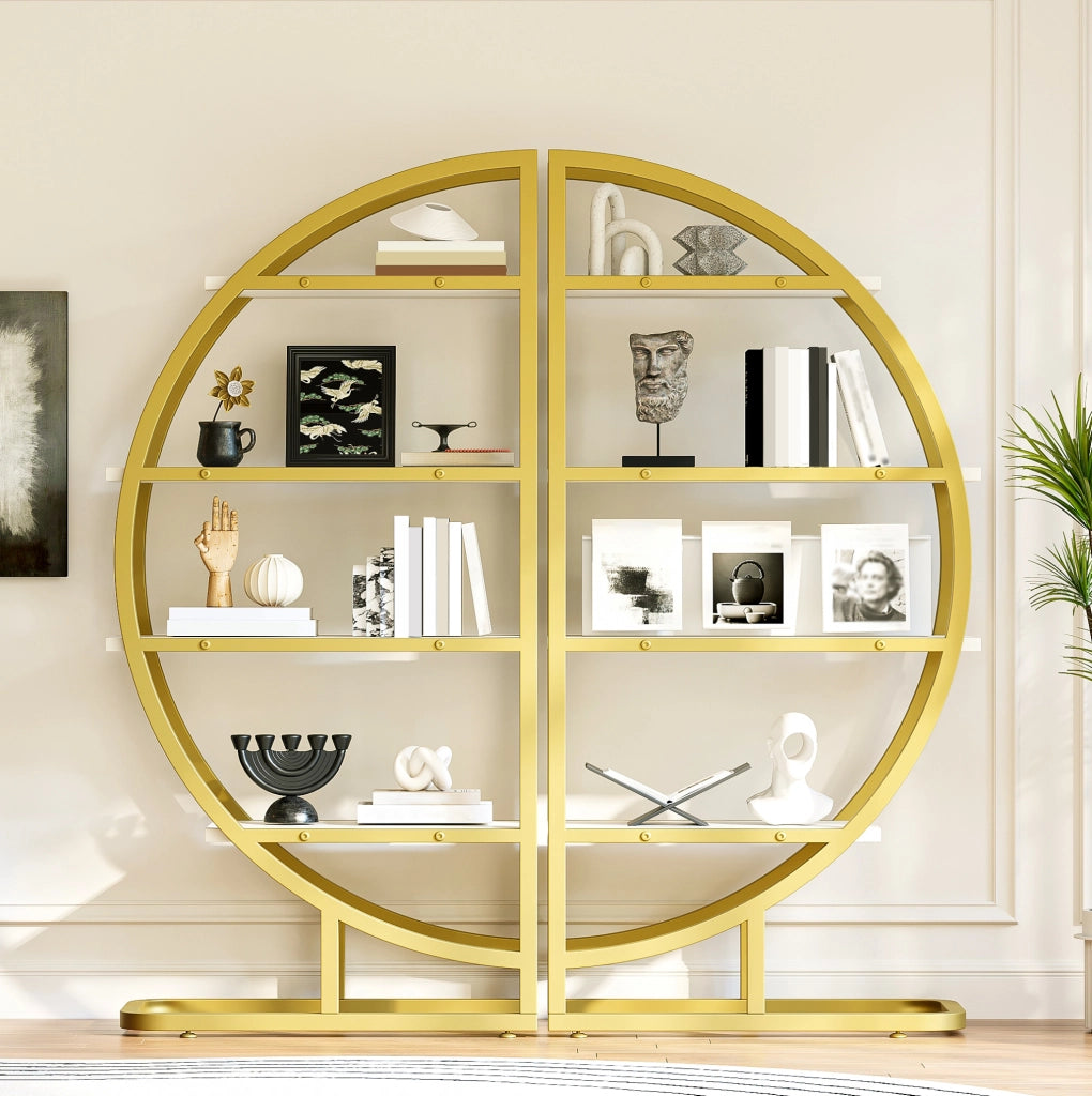 Libreria ad arco semicircolare modulare 120x30x130 cm in acciaio dorato e MDF bianco