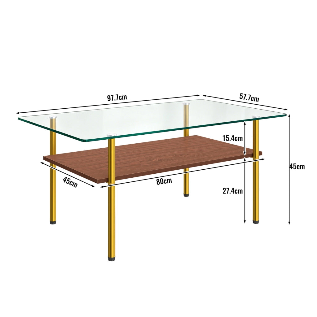 Tavolino da caffè con vetro, ripiano MDF e struttura oro
