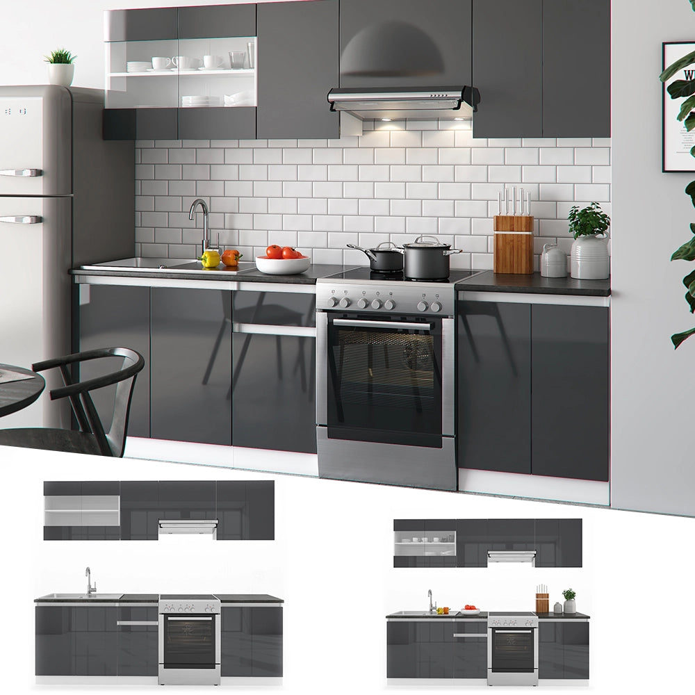 Mobile da cucina Raul Antracite lucido/Bianco 240 cm, AP Nero con striscia LED Vicco