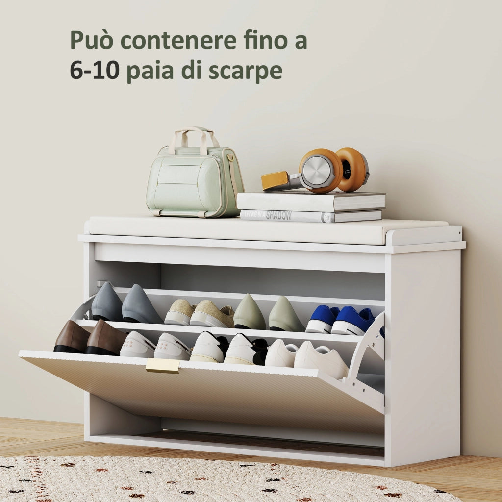 Panca Scarpiera con Ripiano in Legno e Tessuto ¨C zephmum ¨C Bianca e Beige 80x26x47.5 cm