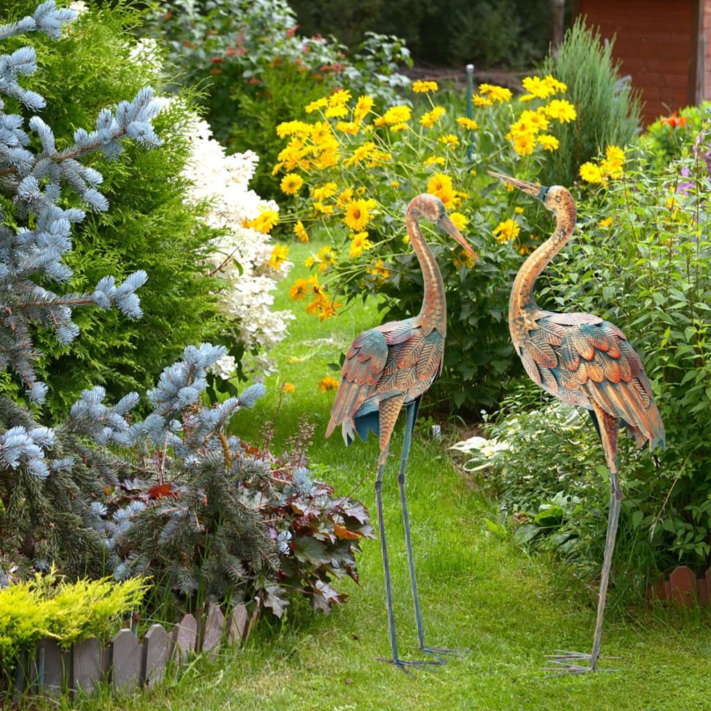 Set di 2 statue di gru da giardino con struttura in metallo, Statue di scultura di gru in piedi per cortile-Decorazioni da giardino