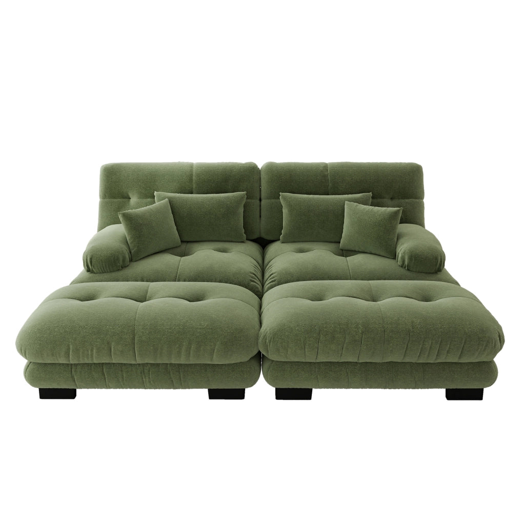 Divano modulare in chenille verde con 2 pouf mobili; 2 cuscini lombari e 2 cuscini decorativi