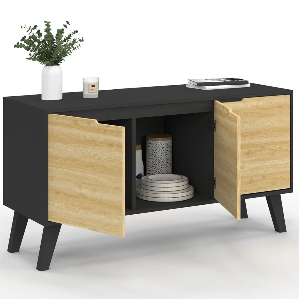 IDMarket - Credenza bassa scandinava 113 cm FINN nero 3 ante effetto faggio